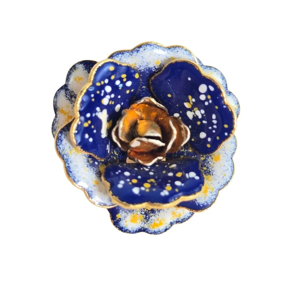 Vintage Goldtone Blue Yellow Paint Enamel Flower Brooch & Clip On‎ Earrings Set